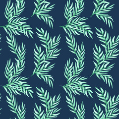 Hand drawn watercolor seamless pattern of foliage natural branches, green leaves on blue background.Design for printing , wallpaper, paper, postcard, tile,textile