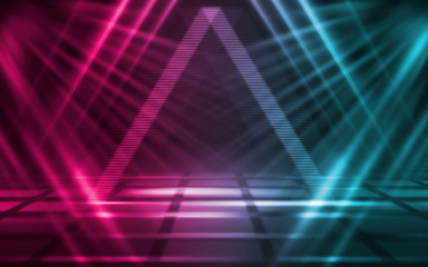 Empty background scene. Dark street reflection on wet asphalt. Rays of neon light in the dark, neon figures, smoke. Background of empty stage show. Abstract dark background.