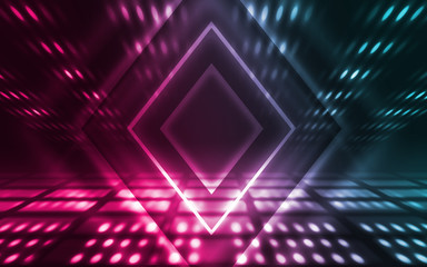 Obraz premium Empty background scene. Dark street reflection on wet asphalt. Rays of neon light in the dark, neon figures, smoke. Background of empty stage show. Abstract dark background.