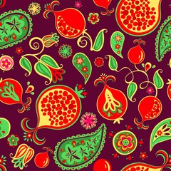 Seamless ethnic decorative oriental pattern with pomegranate juicy fruits, leaves and flowers on dark background for fashion print and wallpaper