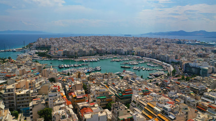 Aerial photo of famous round port of Pasalimani or Zea in the heart of Piraeus, Attica, Greece
