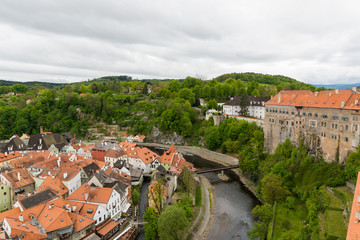 Fototapeta na wymiar Panoramic landscape view above from aerial of the historic city of Cesky Krumlov with famous Cesky Krumlov Castle, Church city is on a UNESCO World Heritage Site captured during the spring