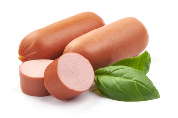 Fresh boiled sausages with basil, close-up, isolated on white background