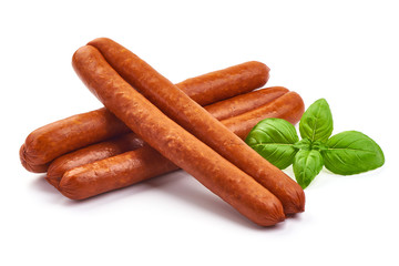 Smoked Pork Sausages with basil leaves, close-up, isolated on white background