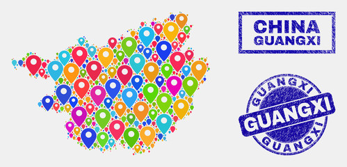 Vector bright mosaic Guangxi Province map and grunge stamp seals. Abstract Guangxi Province map is created from randomized bright map symbols. Stamp seals are blue, with rectangle and rounded shapes.