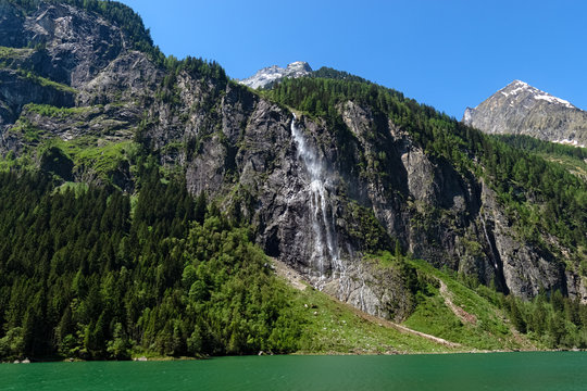 Panoramic view of the waterfall on the Lake Stillup in the Alps, Austria, Tyrol