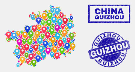 Vector colorful mosaic Guizhou Province map and grunge stamp seals. Flat Guizhou Province map is designed from randomized bright site locations. Stamp seals are blue, with rectangle and round shapes.