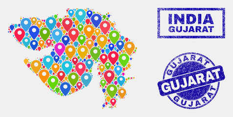 Vector colorful mosaic Gujarat State map and grunge stamp seals. Abstract Gujarat State map is formed from scattered colorful geo positions. Seals are blue, with rectangle and rounded shapes.