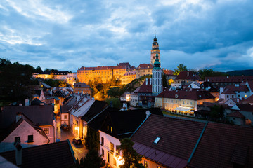 Panoramic landscape view of the historic city of Cesky Krumlov during sunset with famous Cesky Krumlov Castle, Church city is on a UNESCO World Heritage Site captured during spring