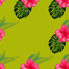Fototapeta na wymiar Tropical hibiscus flowers and palm leaves bouquets seamless pattern