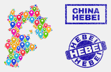 Vector bright mosaic Hebei Province map and grunge stamp seals. Flat Hebei Province map is composed from randomized colorful site pointers. Stamp seals are blue, with rectangle and round shapes.