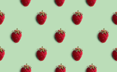 Fresh strawberries pattern isolated on green background. Summer Fruit.