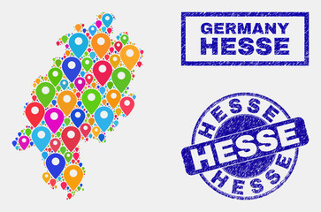 Vector bright mosaic Hesse Land map and grunge seals. Abstract Hesse Land map is designed from randomized bright map locations. Seals are blue, with rectangle and rounded shapes.