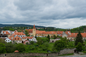 Fototapeta premium Landscape of the historic city of Cesky Krumlov with famous Cesky Krumlov Castle, Church city is on a UNESCO World Heritage Site