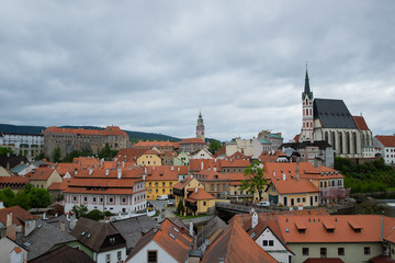 Fototapeta na wymiar Panoramic landscape sunset view with blue dark sky from above to the historic city of Cesky Krumlov with famous Church city is on a UNESCO World Heritage Site captured during spring