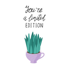 You are a limited edition, poster with blue cactus in purple cup on white background. Hand drawn vector illustration.