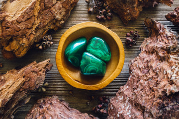 Bowl of Malachite in Wood Frame