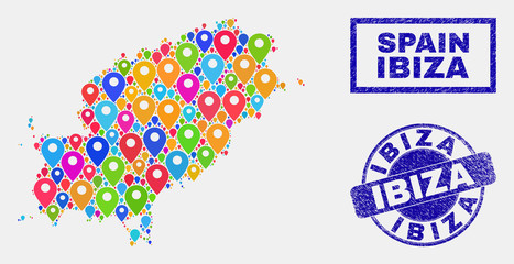 Vector colorful mosaic Ibiza Island map and grunge stamp seals. Flat Ibiza Island map is formed from scattered colorful geo positions. Stamp seals are blue, with rectangle and round shapes.