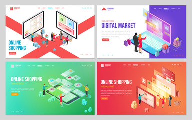 Set of design web site, landing page or presentation template. Minimal modern concept for online shopping, e-commerce market. Isometric vector illustration.