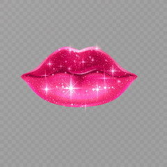 Beautiful voluminous lips on a transparent background, pink lips with a shiny glitter texture, Vector EPS 10 illustration