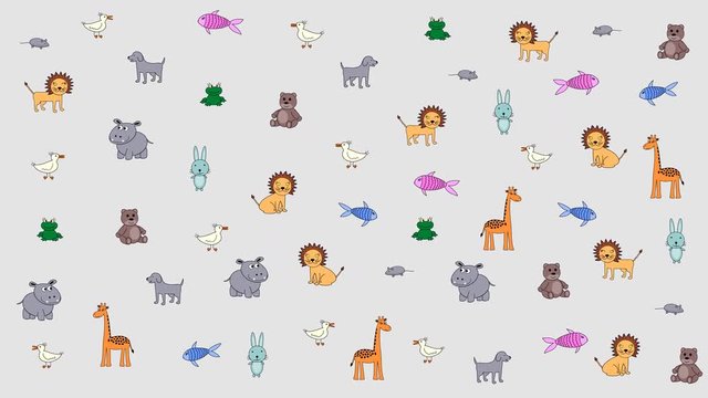 Animated colored animals, kid background. Substrate for titles, photos and other content. Design element