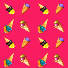 Seamless pattern ice cream watercolor summer set. Hand drawn illustration fruit ice cream in a waffle cone isolated on coral pink background