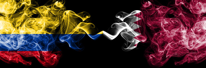 Colombia, Colombian, Qatar, Qatari, competition thick colorful smoky flags. America football group stage qualifications match games