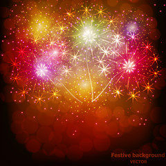 Red fireworks for holidays. Sparkling in dark sky. Fireworks for festive events, new year, Christmas. Vector illustration.
