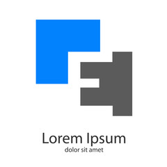 Logotipo abstracto con letra E en espacio negativo en cuadrados en azul y gris