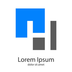 Logotipo abstracto con letra H en espacio negativo en cuadrados en azul y gris
