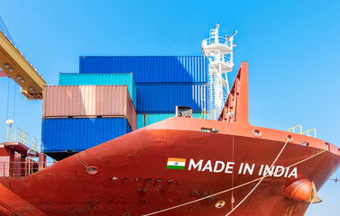 Trade war , Made in India smart logistic concept. Shipping Cargo ship business Container import and...