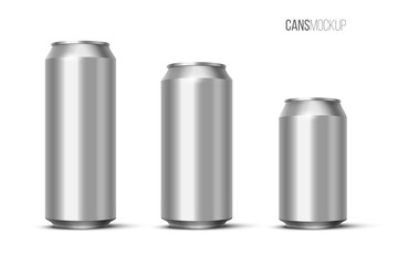 Aluminium beer, energy drink or soda pack mock up. Vector realistic blank metallic cans isolated on white background.