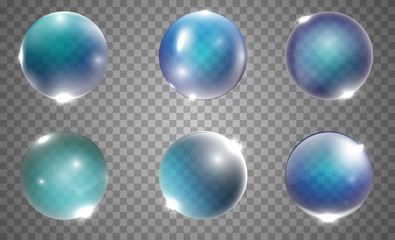 Set of realistic blue 3d glass ball or sphere isolated on transparent background. Vector illustration.