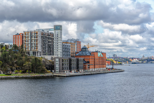 Spring sunny day view of development of modern apartments and community at Kvarnholmen in Stockholm, Sweden.