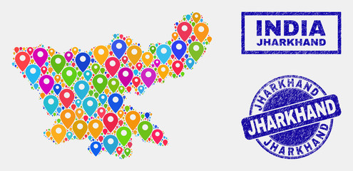 Vector bright mosaic Jharkhand State map and grunge stamp seals. Flat Jharkhand State map is designed from random bright navigation positions. Stamp seals are blue, with rectangle and rounded shapes.