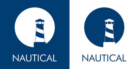 Logotipo abstracto con texto NAUTICAL con faro en círculo en espacio negativo en azul y blanco © teracreonte