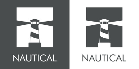 Logotipo abstracto con texto NAUTICAL con faro en cuadrado en espacio negativo en gris y blanco