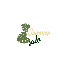 Flat design vector logo - summer discount. Web icon tropical leaf monstera closeup isolated. Stylish logo layout for online store. 