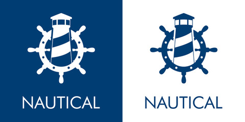 Logotipo abstracto con texto NAUTICAL con faro en timón en azul y blanco © teracreonte
