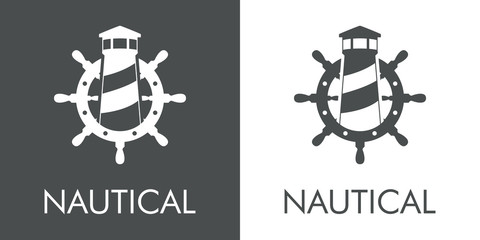 Logotipo abstracto con texto NAUTICAL con faro en timón en gris y blanco