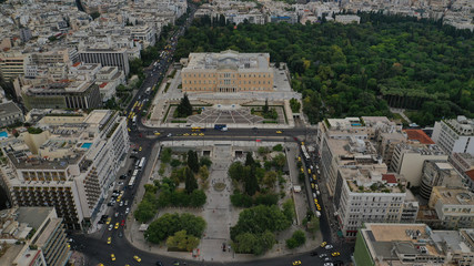 Aerial photo of famous landmark building of Greek parliament in the heart of Athens, Syntagma square, Attica, Greece