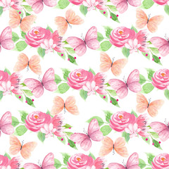Butterflies and spring blossom seamless pattern