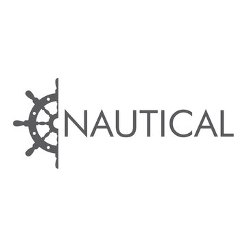 Logotipo abstracto con texto NAUTICAL con medio timón lateral en color gris