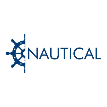 Logotipo abstracto con texto NAUTICAL con medio timón lateral en color azul