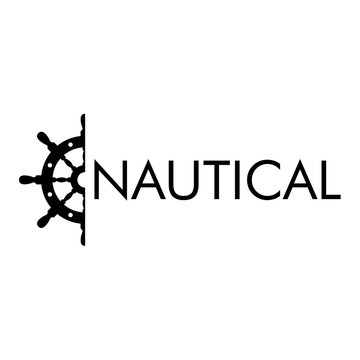 Logotipo abstracto con texto NAUTICAL con medio timón lateral en color negro