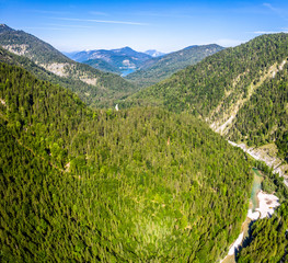 Aerial Walchen River near Sylvenstein lake. Karwendel mountais surrounding the valley. Austria...