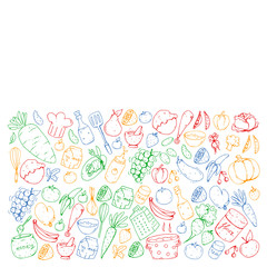 Healthy food and cooking. Fruits, vegetables, household. Doodle vector set.