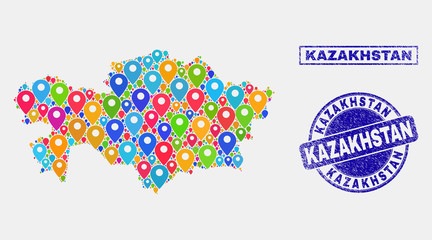 Vector colorful mosaic Kazakhstan map and grunge seals. Flat Kazakhstan map is designed from scattered colorful geo icons. Stamp seals are blue, with rectangle and rounded shapes.