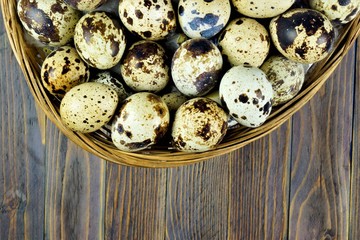 Quail eggs of partridge birds in a basket on a wooden background. The eggs have a spotted color, the shell is thin and fragile. In cooking - scrambled eggs and decoration of dishes.