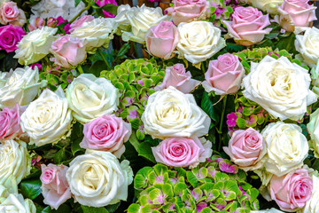 Strauß mit weißen und rosa Rosen mit grün blühenden Hortensien